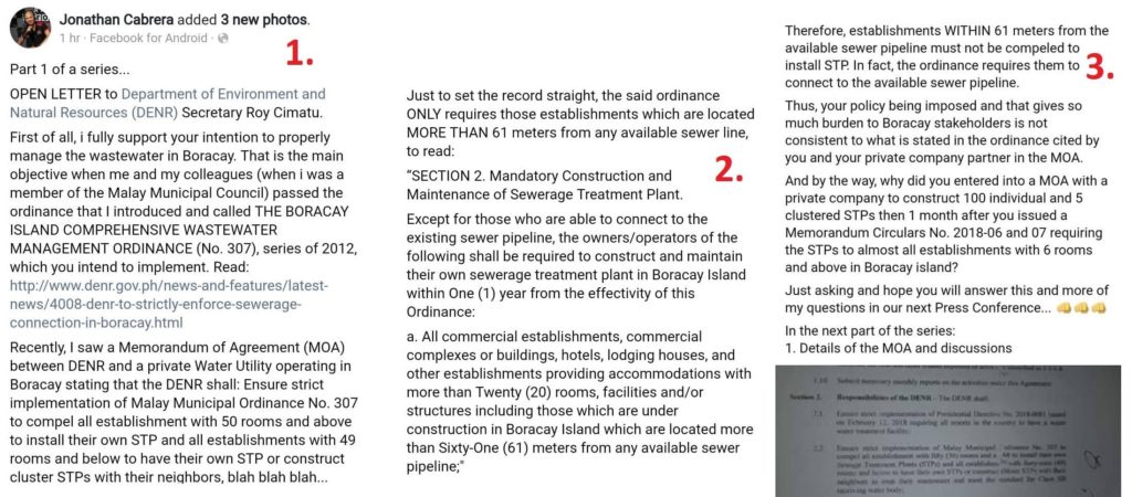 Johnathan Cabrera on revelation that DENR had MOA with a BTSI to supply STP's, ahead of making it a requirement for all Boracay hotels