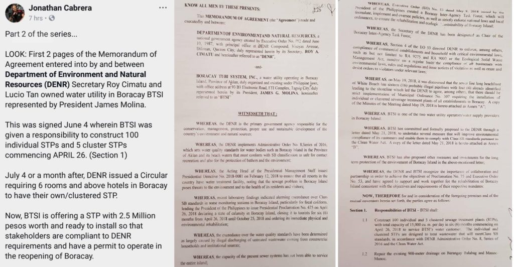 Johnathan Cabrera on revelation that DENR had MOA with a BTSI to supply STP's, ahead of making it a requirement for all Boracay hotels