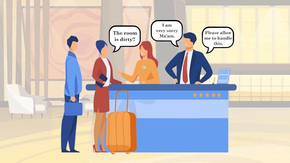 Guest at Front Desk complaining that the room they have just been checked into has not been cleaned. Article A day in the life of a hotel duty manager by MY RANGGO Hospitality Magazine