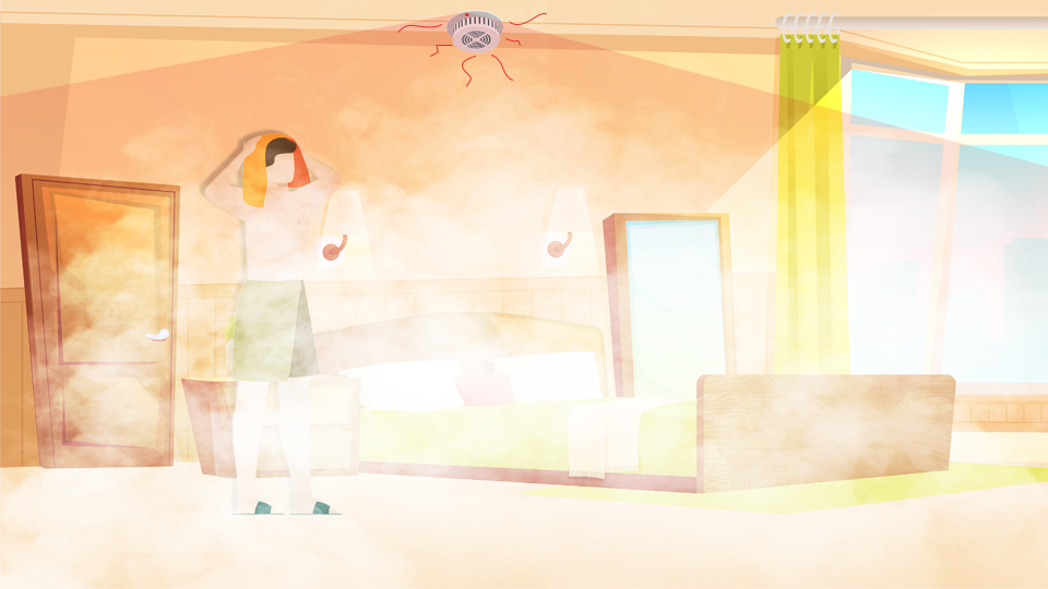 Male Hotel guest standing with a towel around their waist, steam from a hot shower fills the hotel room and the smoke alarm is sounding. Article A Day in the life of a hotel duty manager by MY RANGGO Hospitality Magazine