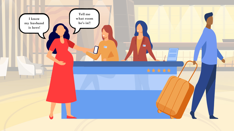 Pregnant Woman holding a cellphone and standing at a Hotel Front Desk demanding to be told her husbands room number. Article Article The 5 Commandments of Hotel Guest Privacy by MY RANGGO Hospitality Magazine