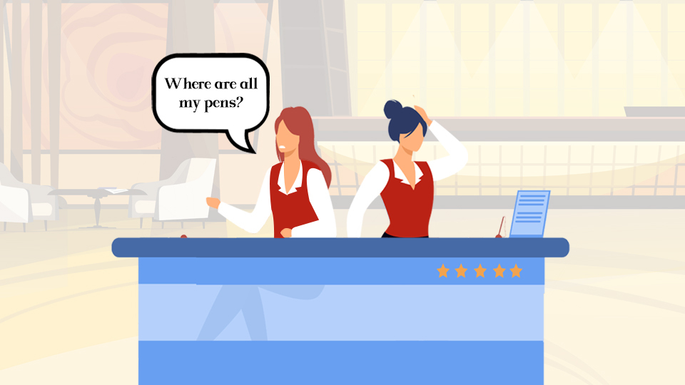 Two hoteliers at Front Desk, one is looking for her pen, the other is looking guilty. Article Hotelier Resolutions to Make (and Keep!) this 2022 by MY RANGGO Hospitality Magazine Philippines