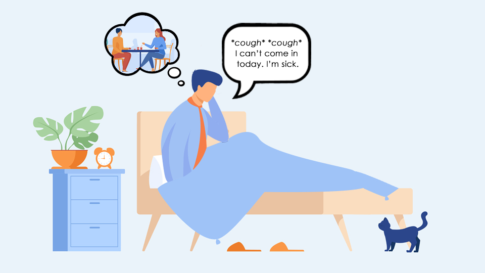 Person in bed talking on the phone, calling in sick, whilst thinking about the social plans they have instead of going to work. by MY RANGGO Hospitality Magazine Philippines