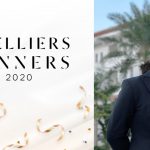 Stelliers Award Poster 2020 and a photo of Rey Moraga in a black jacket and white shirt, standing in front of Raffles Grand Hotel Siem Reap