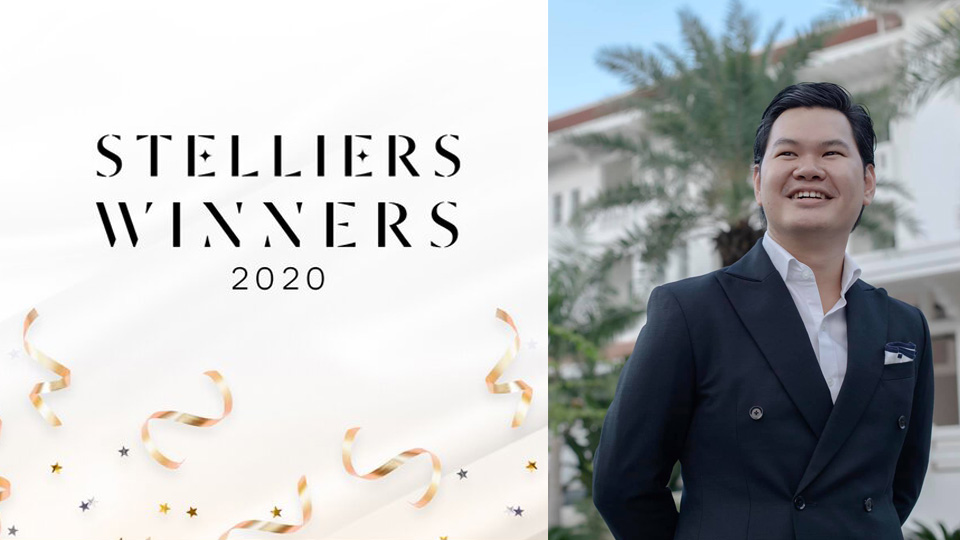 Stelliers Award Poster 2020 and a photo of Rey Moraga in a black jacket and white shirt, standing in front of Raffles Grand Hotel Siem Reap