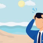 Image of graphic surfboard, tropical beach and distressed business man MY RANGGO