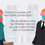 Two cartoon characters with quotes taken from Hospitality Business Owners about the impact COVID is having on them