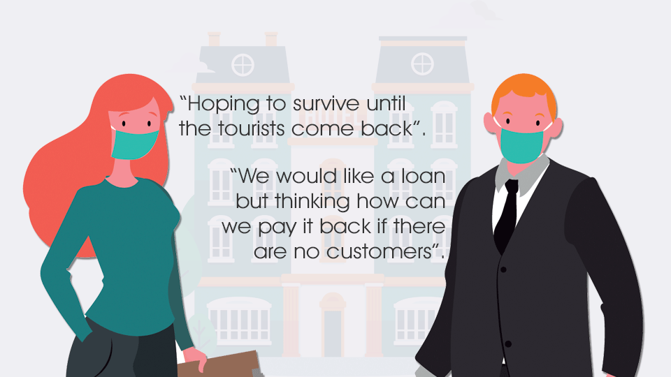 Two cartoon characters with quotes taken from Hospitality Business Owners about the impact COVID is having on them