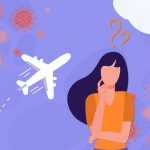 Graphic image woman with long hair, airplane in background and COVID 19 virus images