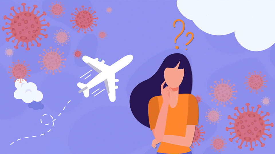 Graphic image woman with long hair, airplane in background and COVID 19 virus images