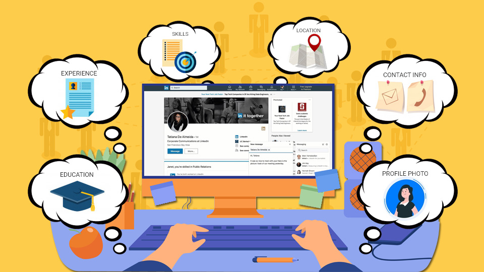 Blue desk with computer, screen is showing a LinkedIn Profile page with images to reflect each section of the profile