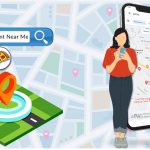 Two people with phones on a google map background, and a search bar