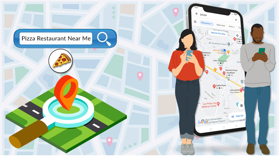 Two people with phones on a google map background, and a search bar