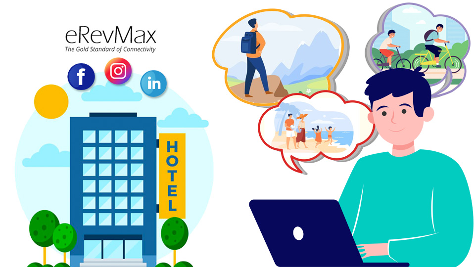 Graphic of a hotel and its social media bookingcialbooking channel