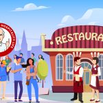 Queues of people waiting to enter a restaurant and two stressed waiters