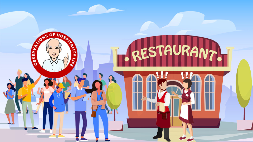 Queues of people waiting to enter a restaurant and two stressed waiters