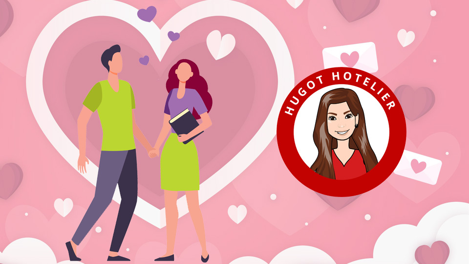 man and woman standing inside a white outlined heart, with a pink background. Article 10 Signs You Are Dating A Hotelier by MY RANGGO Hospitality Magazine