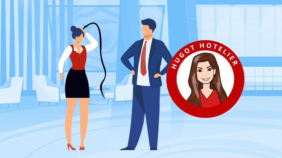 Hotel Manager holding a whip with an employee standing next to her. Article 10 Tips For Motivating Employees by MY RANGGO Hospitality Magazine
