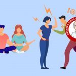 Couple meditating and a couple screaming and being stressed. Article Stress Buster Steps by MY RANGGO Hospitality Magazine