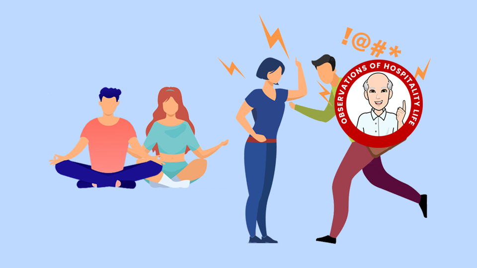 Couple meditating and a couple screaming and being stressed. Article Stress Buster Steps by MY RANGGO Hospitality Magazine