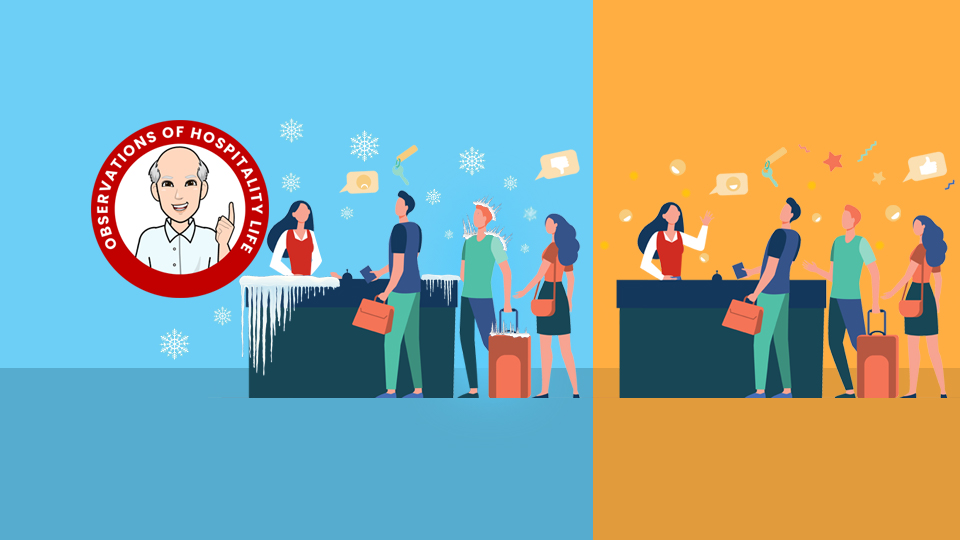 Image of two hotel front desks, on the left it is cold and icy, on the right warm and sunny. Article What Is Warmth Of Welcome by MY RANGGO Hospitality Magazine