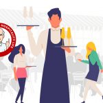 Waiter standing in a busy restaurant, holding a tray with food and drink. Article How To Be A Good Waiter by MY RANGGO Hospitality Magazine