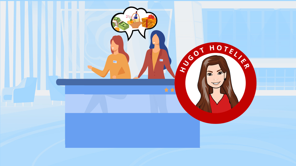 Two Hoteliers at Front Desk with a thought bubble featuring a tip jar and presents. Article A Hoteliers Christmas Season