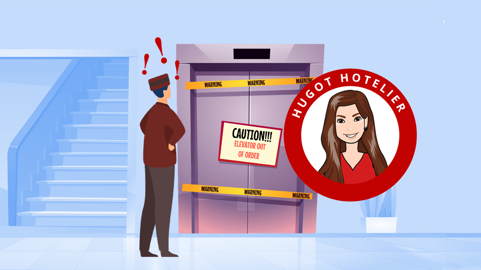 Hotel Worker standing in front of an elevator with an "out of order" notice. Article: Bad Day At Work by MY RANGGO Hospitality Magazine Philippines