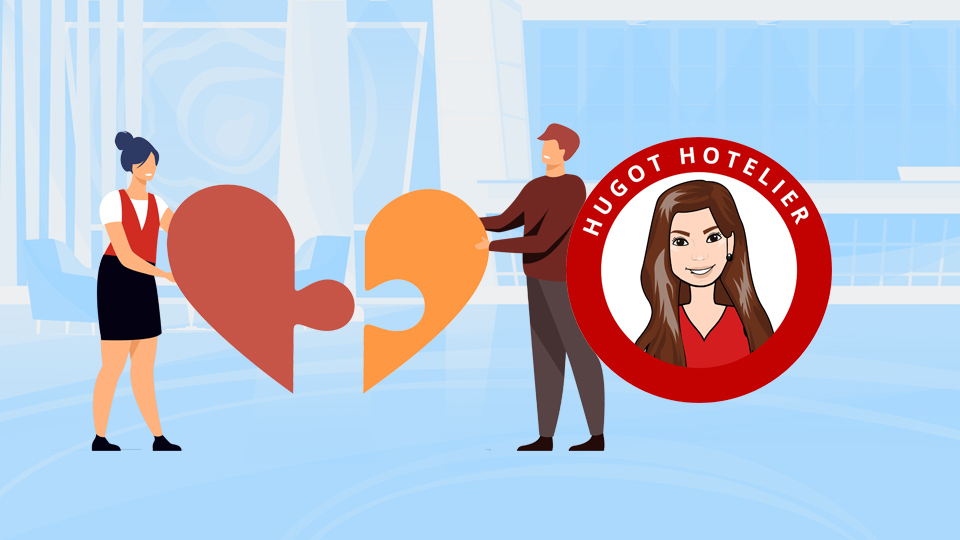 A male and a female hotelier each holding half of a heart jigsaw piece. Hotelier Love Stories by MY RANGGO Hospitality Magazine Philippines