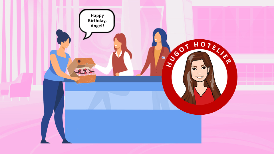 Sweetest Hotel Guests:A hotel guest giving a box of cakes to a Front Desk Officer because it's her birthday. Article By MY RANGGO Hospitality Magazine Philippines