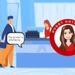 Hotelier at Front Desk, with a queue of guests, a voice is coming from under the desk saying "I need to fix the printer". Article: Hospitality Workmate Types-Front Desk Officers by MY RANGGO Hospitality Magazine