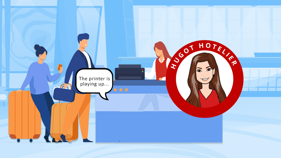 Hotelier at Front Desk, with a queue of guests, a voice is coming from under the desk saying "I need to fix the printer". Article: Hospitality Workmate Types-Front Desk Officers by MY RANGGO Hospitality Magazine