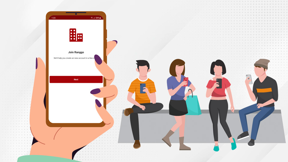 Hand holding a phone with the set-up page for the RANGGO App, 4 people in the background on their phones. Employee Guide to Subscribing to the RANGGO App