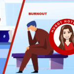 A split screen image of a stressed hotelier surrounded by paperwork, and a hotelier experiencing Hospitality Burnout. By MY RANGGO Hospitality Magazine