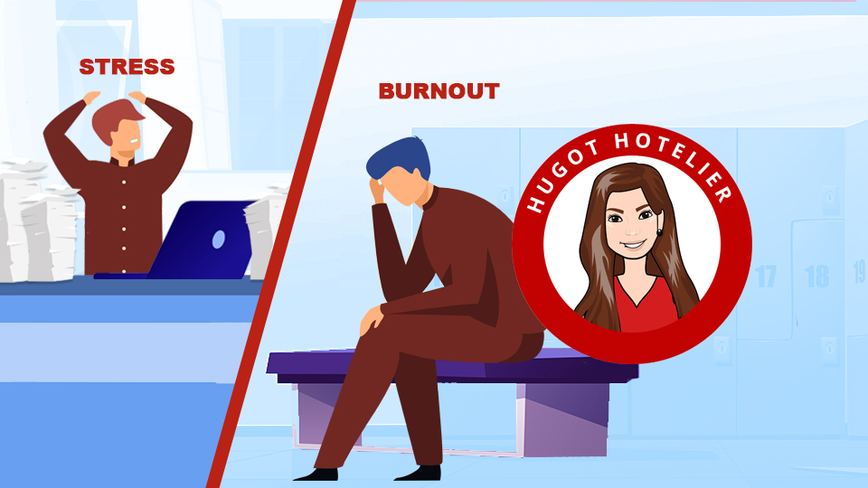 A split screen image of a stressed hotelier surrounded by paperwork, and a hotelier experiencing Hospitality Burnout. By MY RANGGO Hospitality Magazine