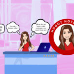 Hotel guest giving her room number to Hugot Hotelier at Front Desk but not saying what she wants. Hugot Hotelier is thinking "I'm not a mind reader"