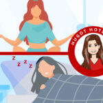 a split screen image of a woman practising meditation and beneath her a woman catching up on her sleep. Article: Wellness and Self-Care for Hoteliers by MY RANGGO Hospitality Magazine Philippines