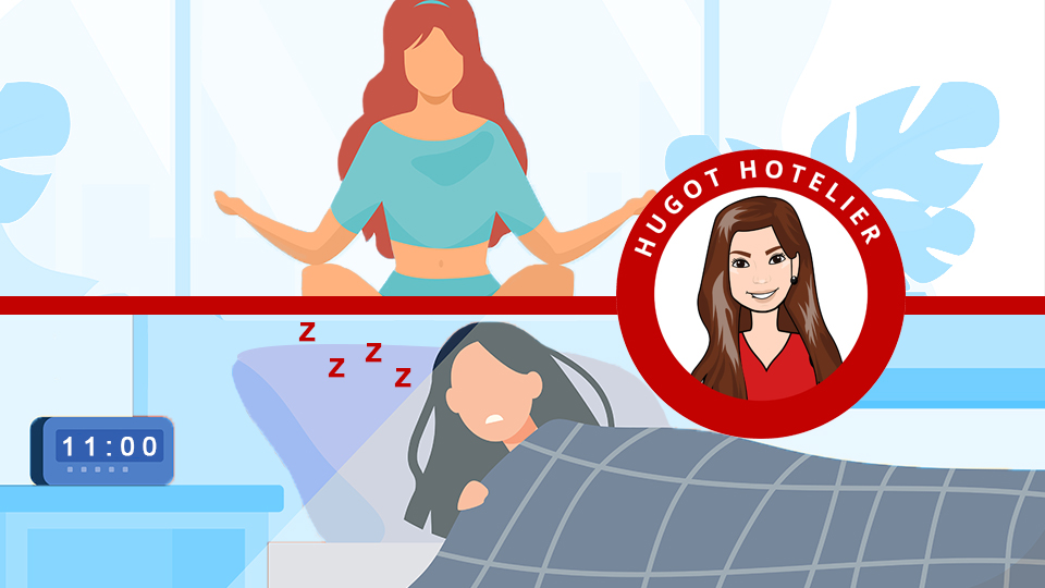 a split screen image of a woman practising meditation and beneath her a woman catching up on her sleep. Article: Wellness and Self-Care for Hoteliers by MY RANGGO Hospitality Magazine Philippines