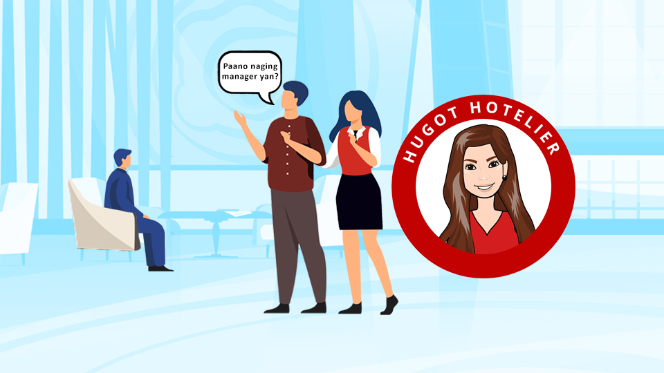 Types of bosses in the hotel industry, two hoteliers discussing a hotel manager who is sitting down doing nothing, wondering how he became a manager