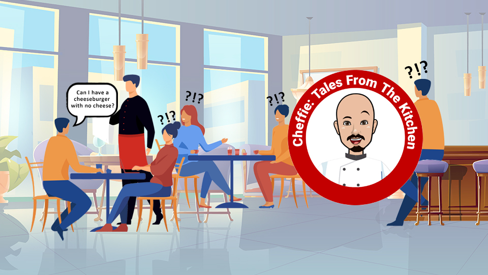 A restaurant full of customers turning to stare at someone ordering a Cheeseburger without cheese. Article: Weird Food Requests by MY RANGGO Hospitality Magazine