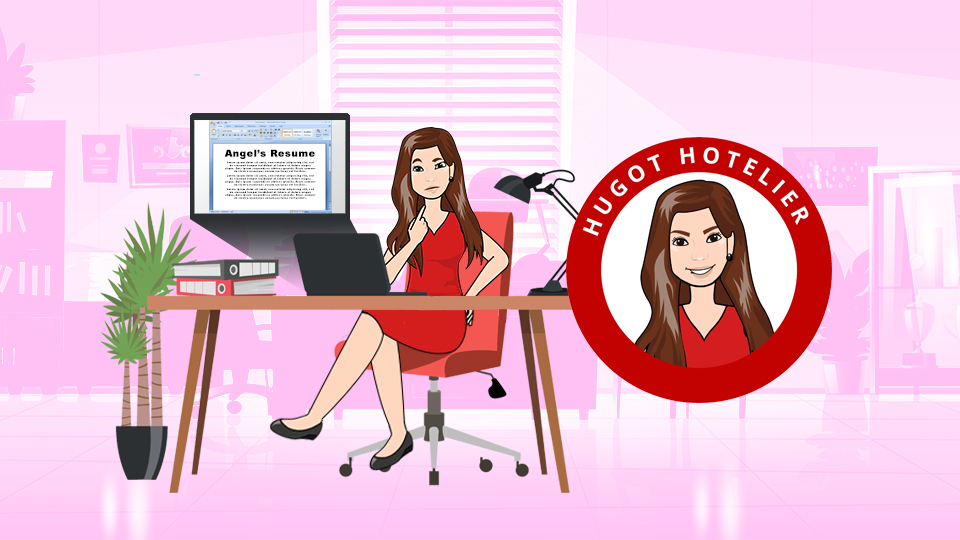 Resume No-No's an illustration of Hugot Hotelier sitting at a computer writing a resume, with a pink background. MY RANGGO Hospitality Magazine Philippines