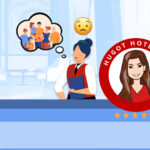 A hotelier at front desk thinking about her family back home in the path of a typhoon. Hotelier Thoughts During Typhoons