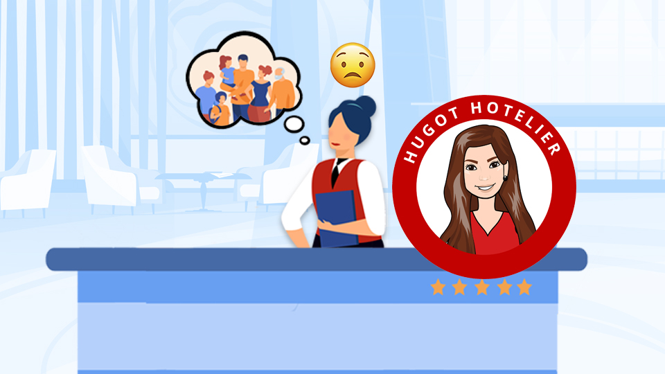 A hotelier at front desk thinking about her family back home in the path of a typhoon. Hotelier Thoughts During Typhoons