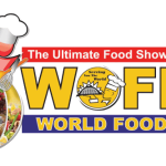WOFEX 2023 Official Logo, Text in yellow, red and blue with a globe to the left, chef hat and cups and saucers