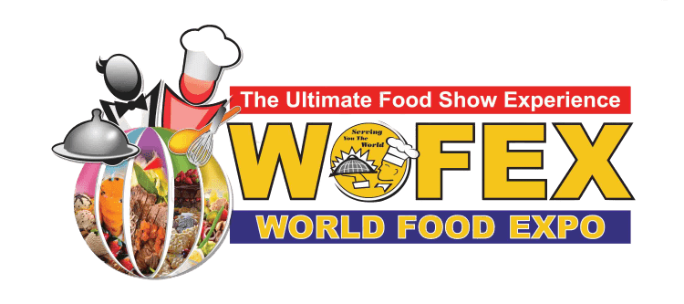 WOFEX 2023 Official Logo, Text in yellow, red and blue with a globe to the left, chef hat and cups and saucers
