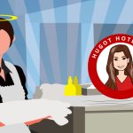 Housekeeper standing in a hotel room with towels in her hands and a halo over her head