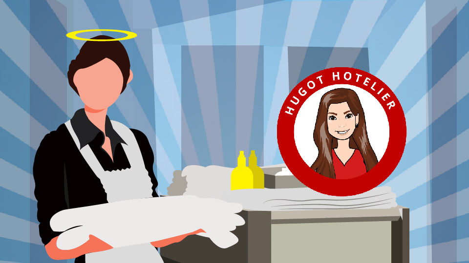 Housekeeper standing in a hotel room with towels in her hands and a halo over her head