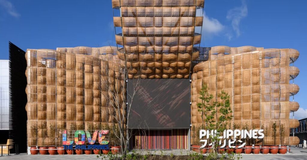 Photo of the front facade of the Philippine "woven" Pavillion at the Osaka Expo 2025