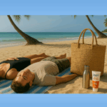 A couple lying on the beach, with palm trees in the distanc. Next to them is a woven straw bag and some Human Nature Sunscreen