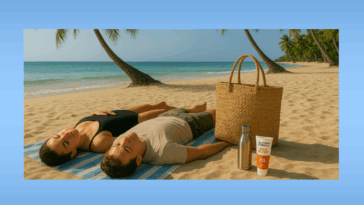 A couple lying on the beach, with palm trees in the distanc. Next to them is a woven straw bag and some Human Nature Sunscreen